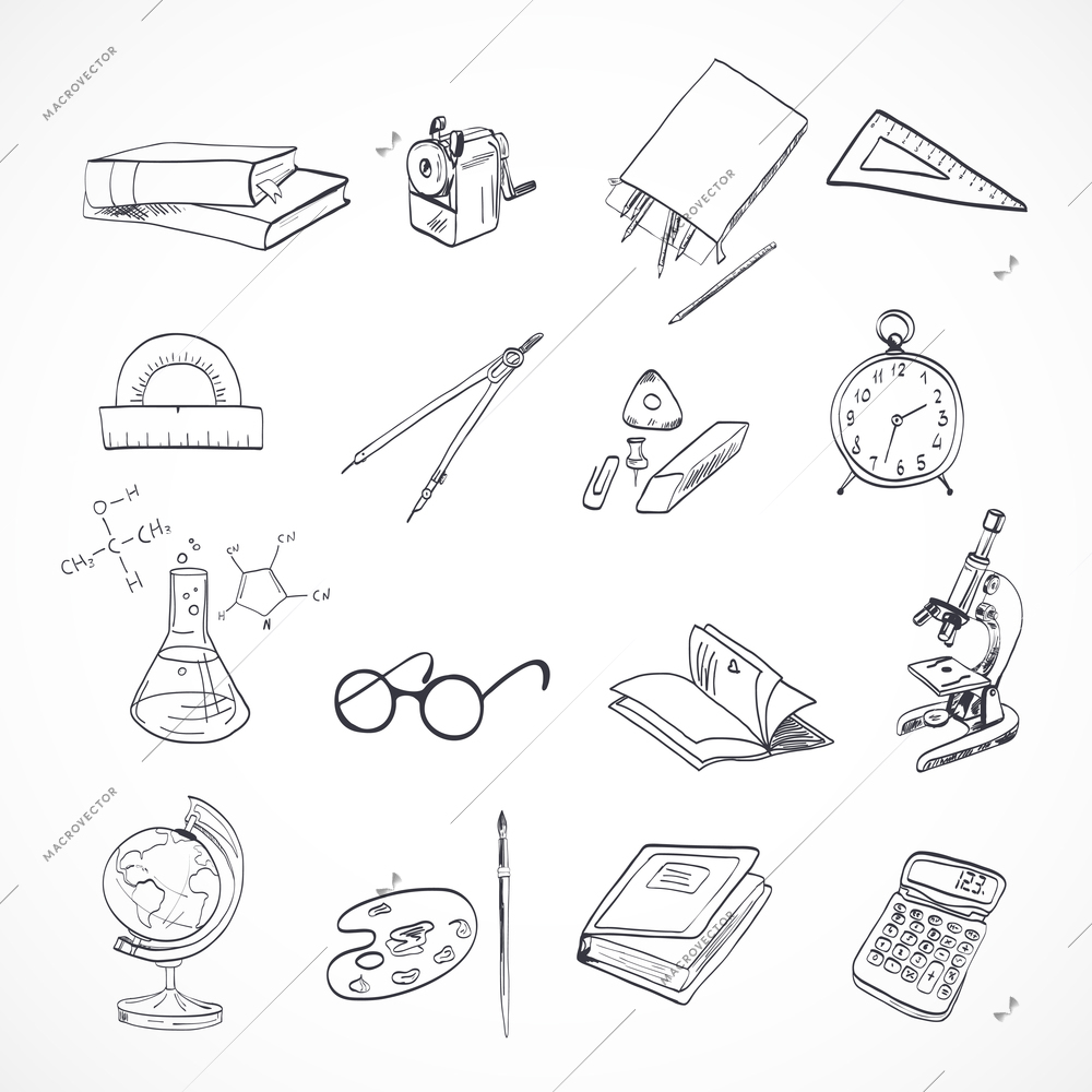 School education elements icons set with microscope drawing compasses stationery isolated vector illustration