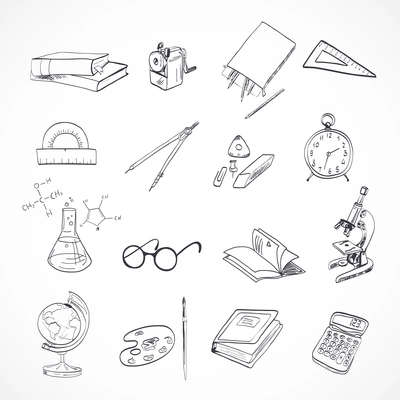 School education elements icons set with microscope drawing compasses stationery isolated vector illustration