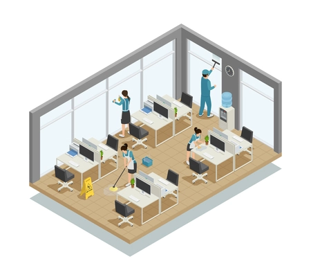 Office cleaning isometric composition with workers team in uniform doing washing of floor, windows, desks vector illustration