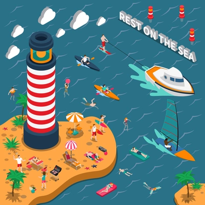 Colored water sports isometric people poster with rest on the sea descriptions vector illustration