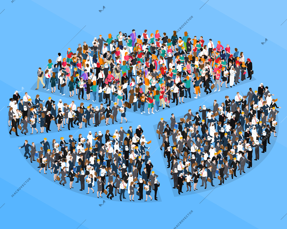 Colored crowd people isometric pie chart composition with people who organized flash mob vector illustration