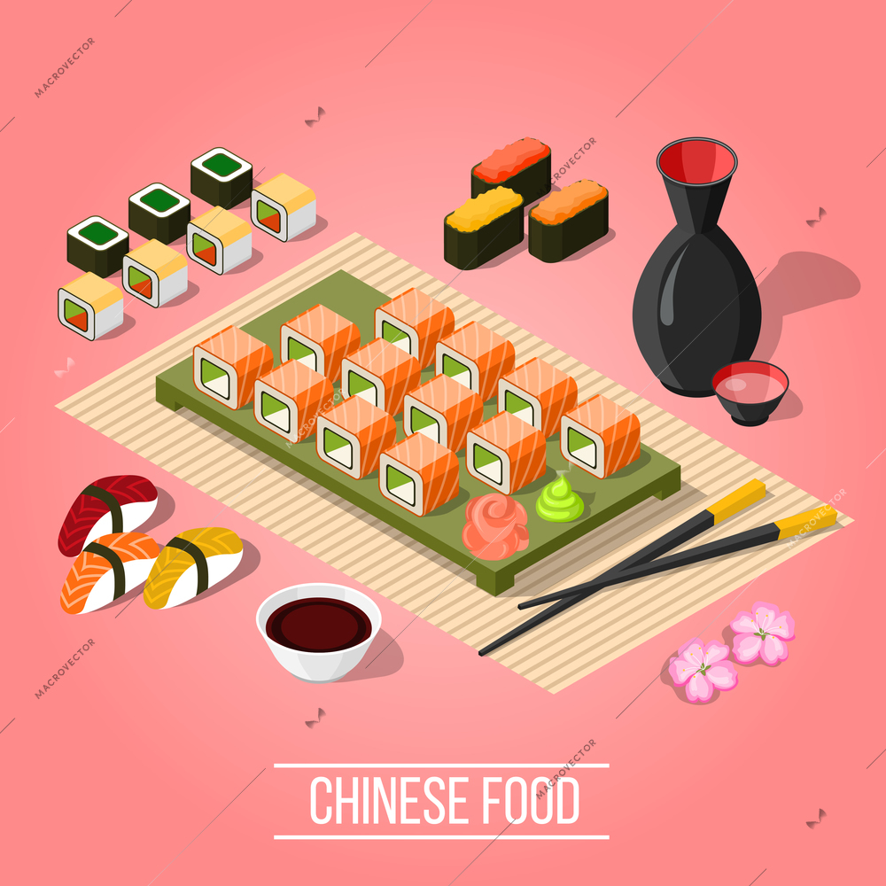 Delicious dinner with sushi and maki at asian bar on pink background 3d isometric vector illustration