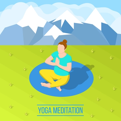 Isometric composition with woman doing yoga and meditating on lawn near mountains 3d vector illustration