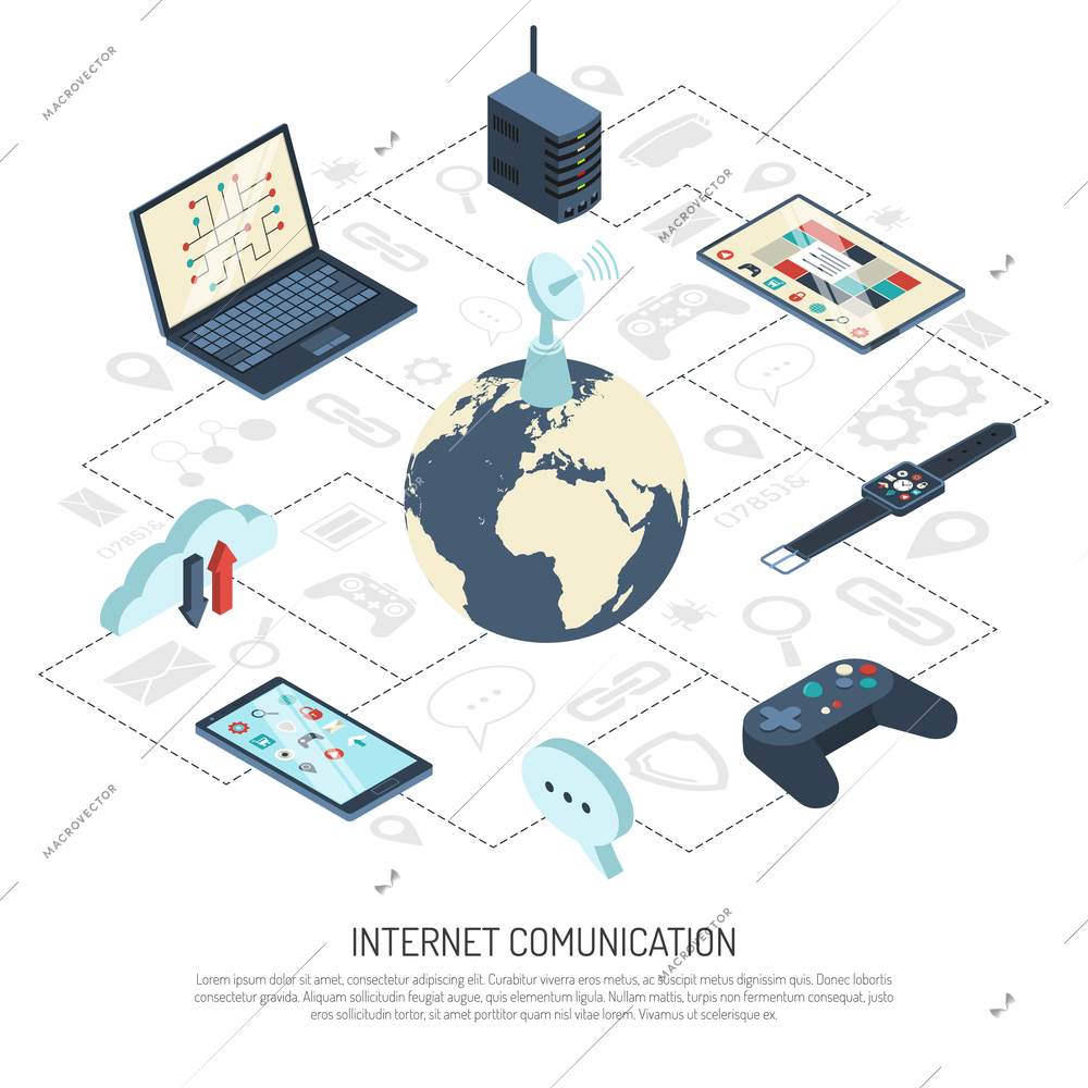 Internet of things isometric composition with satellite dish on globe, cloud storage, server, mobile devices vector illustration