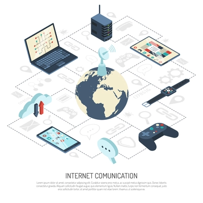 Internet of things isometric composition with satellite dish on globe, cloud storage, server, mobile devices vector illustration