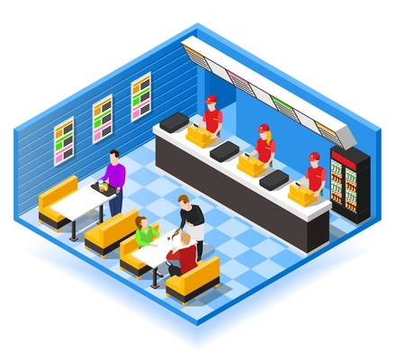 Fast food restaurant isometric design concept with cashiers in red uniform waiter and visitors sitting at table vector illustration