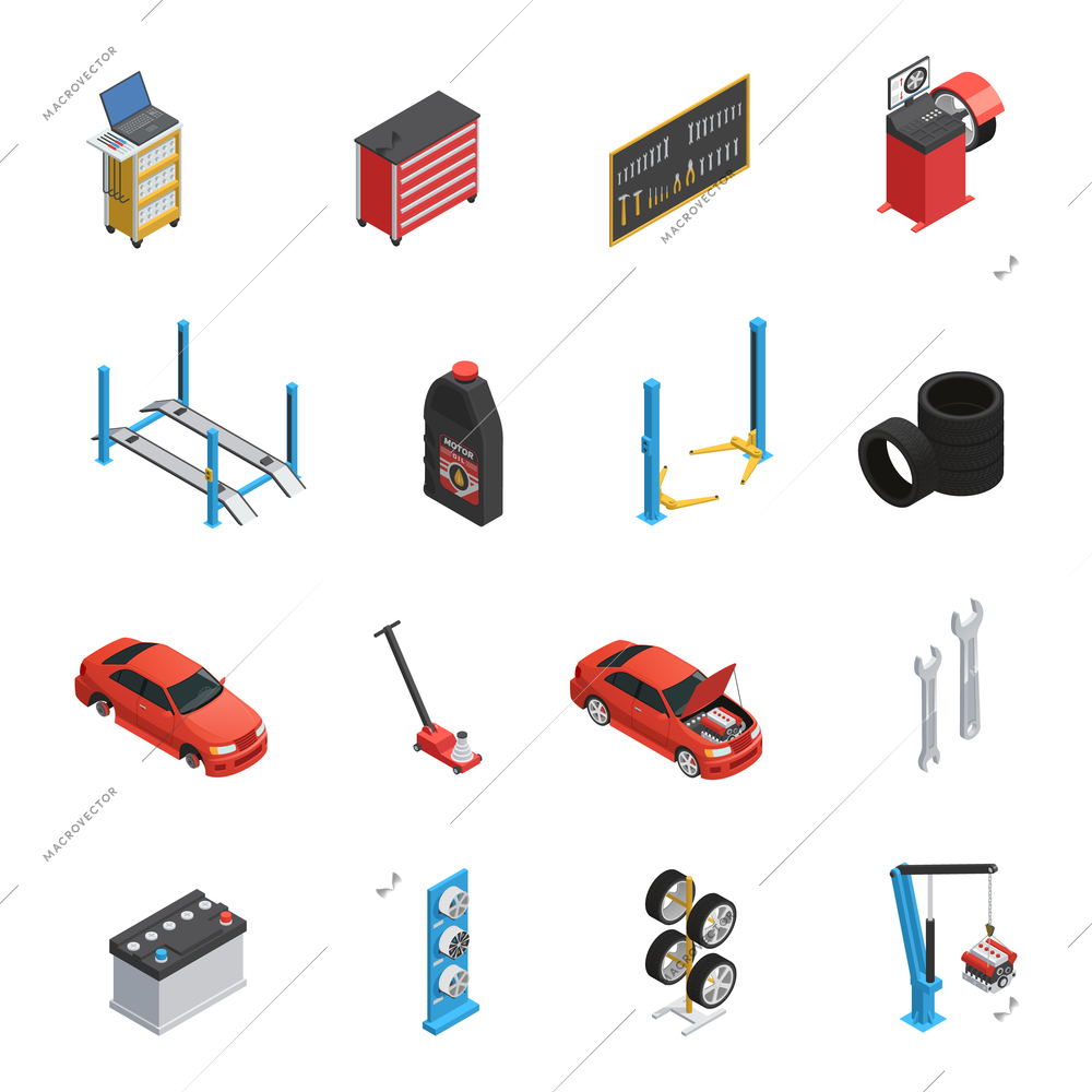 Car maintenance autoservice isometric icons set with garage equipment tools auto parts engine oil isolated vector illustration