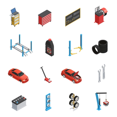 Car maintenance autoservice isometric icons set with garage equipment tools auto parts engine oil isolated vector illustration