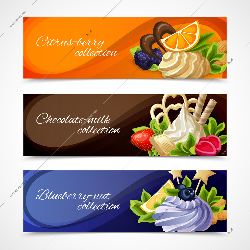 Decorative sweet desserts horizontal banners citrus berry chocolate milk blueberry nut collection vector illustration