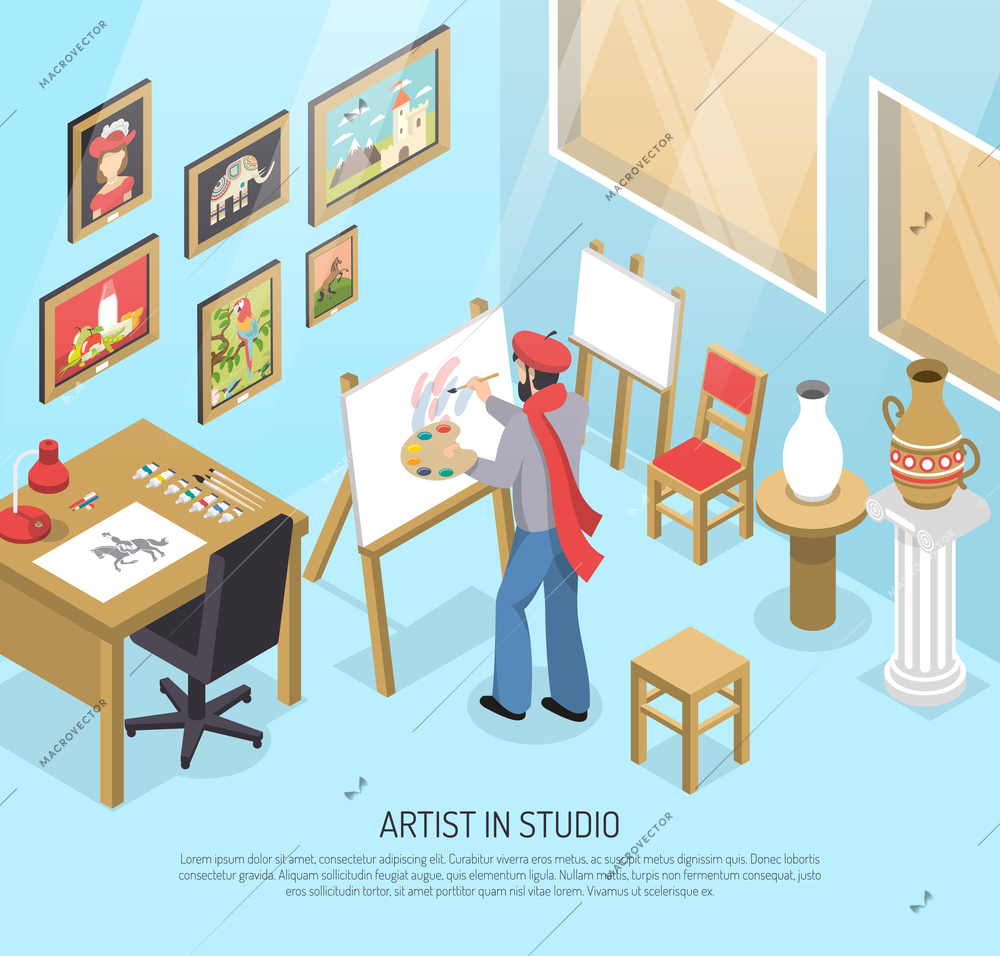 Artist with paintbrush and palette near easel with canvas in blue studio with artworks isometric vector illustration