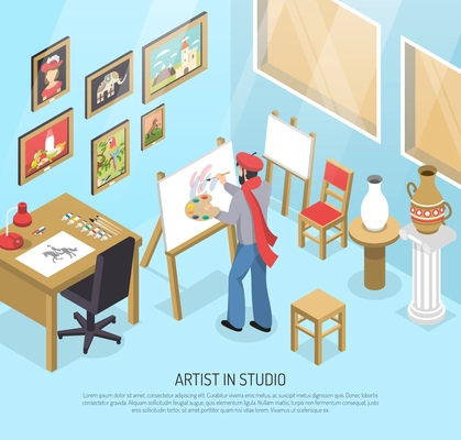 Artist with paintbrush and palette near easel with canvas in blue studio with artworks isometric vector illustration