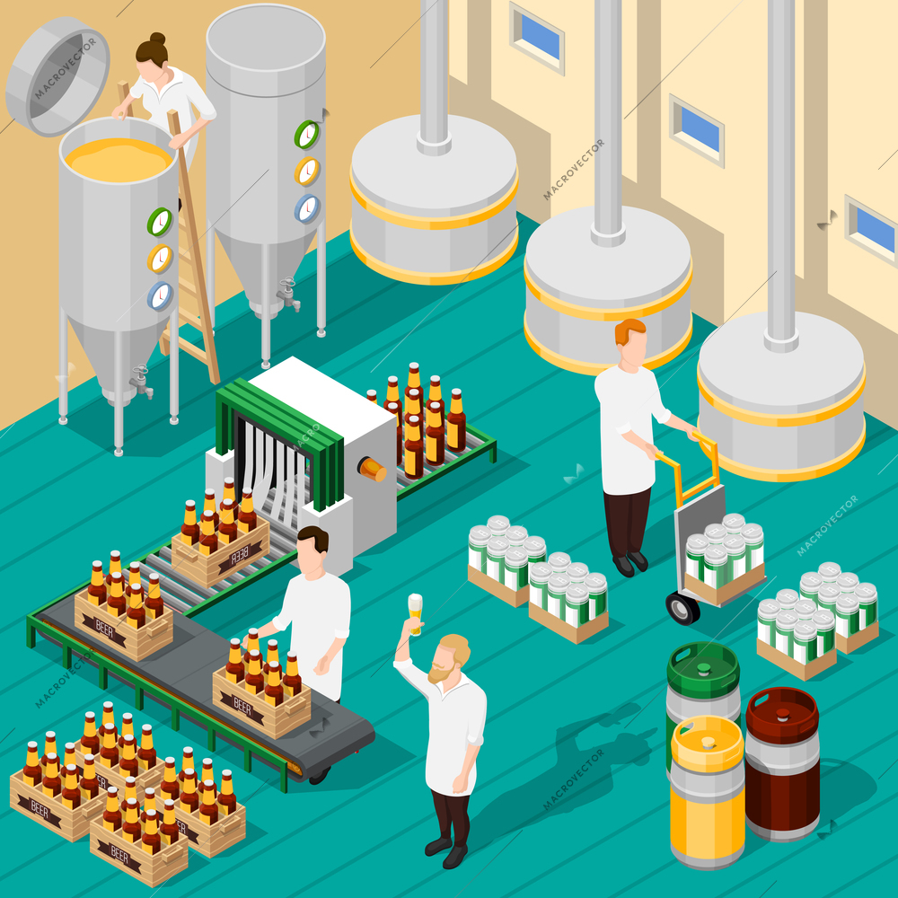 Isometric background with process of beer production in brewery 3d vector illustration