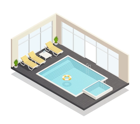 Recreation indoor swimming pool and fun bath with poolside lounge chairs interior isometric composition poster vector illustration