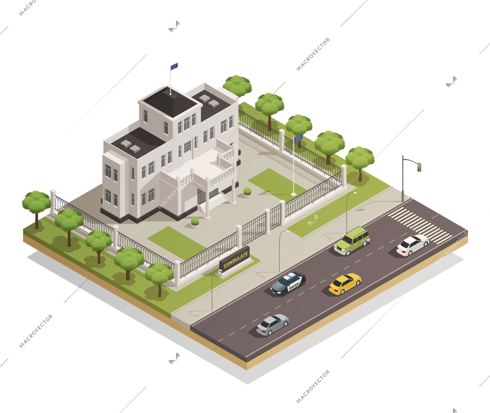 Historic white lime painted government building in city center and surrounding area architectural isometric composition vector illustration