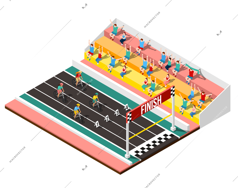 Cycling design concept with isometric fragment of stadium fans and athletes approached to finish line vector illustration