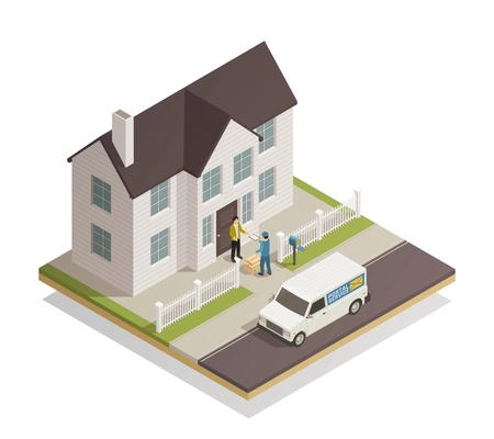 Postal parcels delivery service isometric composition  with postman handling customer package at residential townhouse door vector illustration