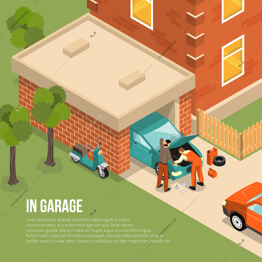 Brick garage outside view with men near car, scooter, house with fence, green trees isometric vector illustration