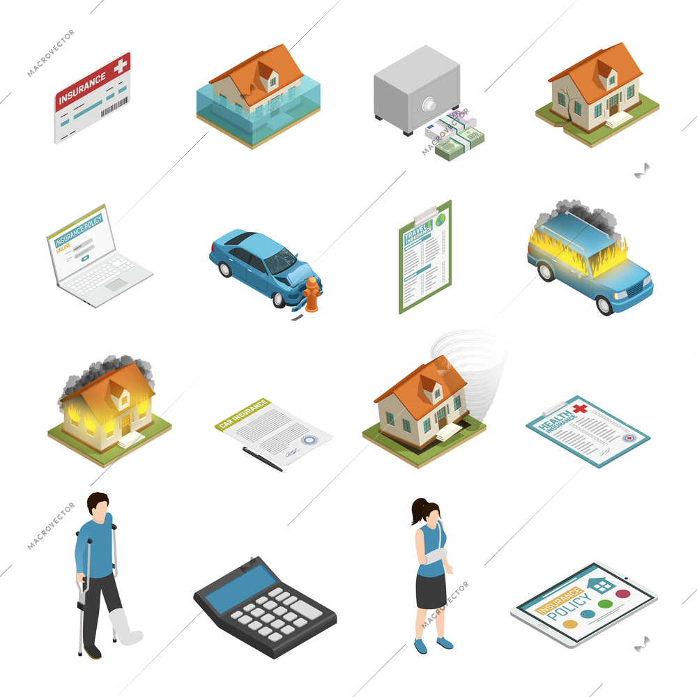 Insurance policy protection elements isometric icons collection with personal injury fire and tornado damage isolated vector illustration