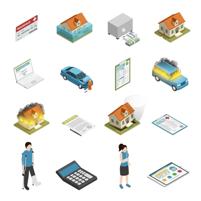 Insurance policy protection elements isometric icons collection with personal injury fire and tornado damage isolated vector illustration