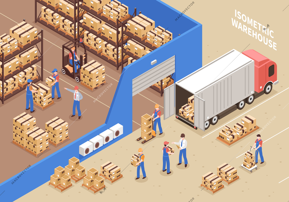 Logistics and warehouse background with workers and cargo symbols isometric vector illustration