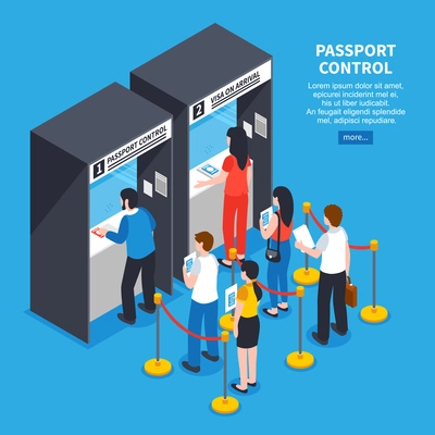 Visa center interior with applicants queue and documents isometric vector illustration