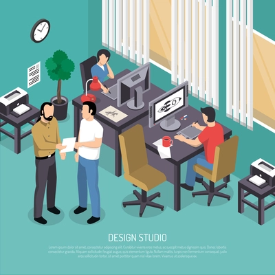 Turquoise design studio with computer equipment and painters at workplaces with graphic tablets isometric vector illustration