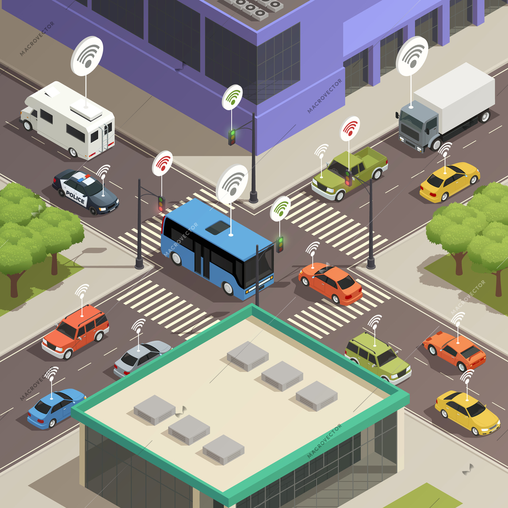 Smart city traffic lights assistance technology connecting  cars in busy streets intersections isometric composition poster vector illustration