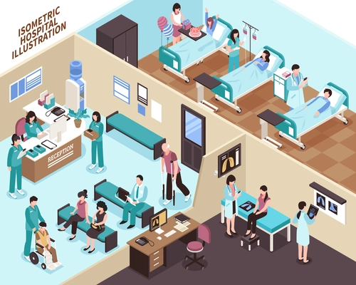 Hospital with people ward equipment reception and doctors isometric vector illustration