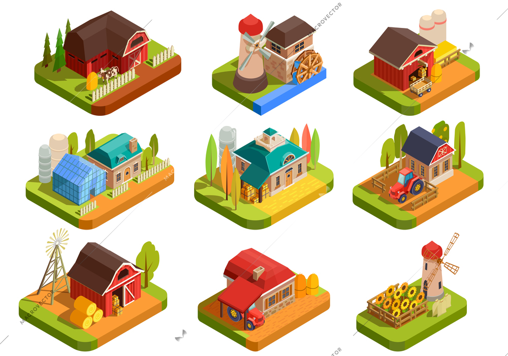 Colorful farm isometric set with various farmhouses yards and equipment for farmers isolated on white background 3d vector illustration