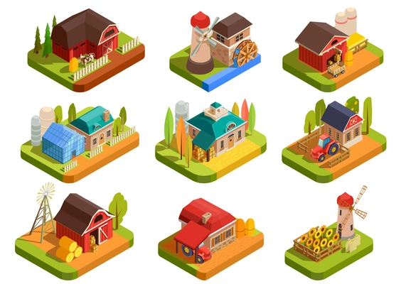 Colorful farm isometric set with various farmhouses yards and equipment for farmers isolated on white background 3d vector illustration