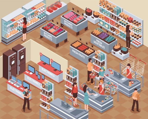 Supermarket with people food drink and electronics symbols isometric vector illustration