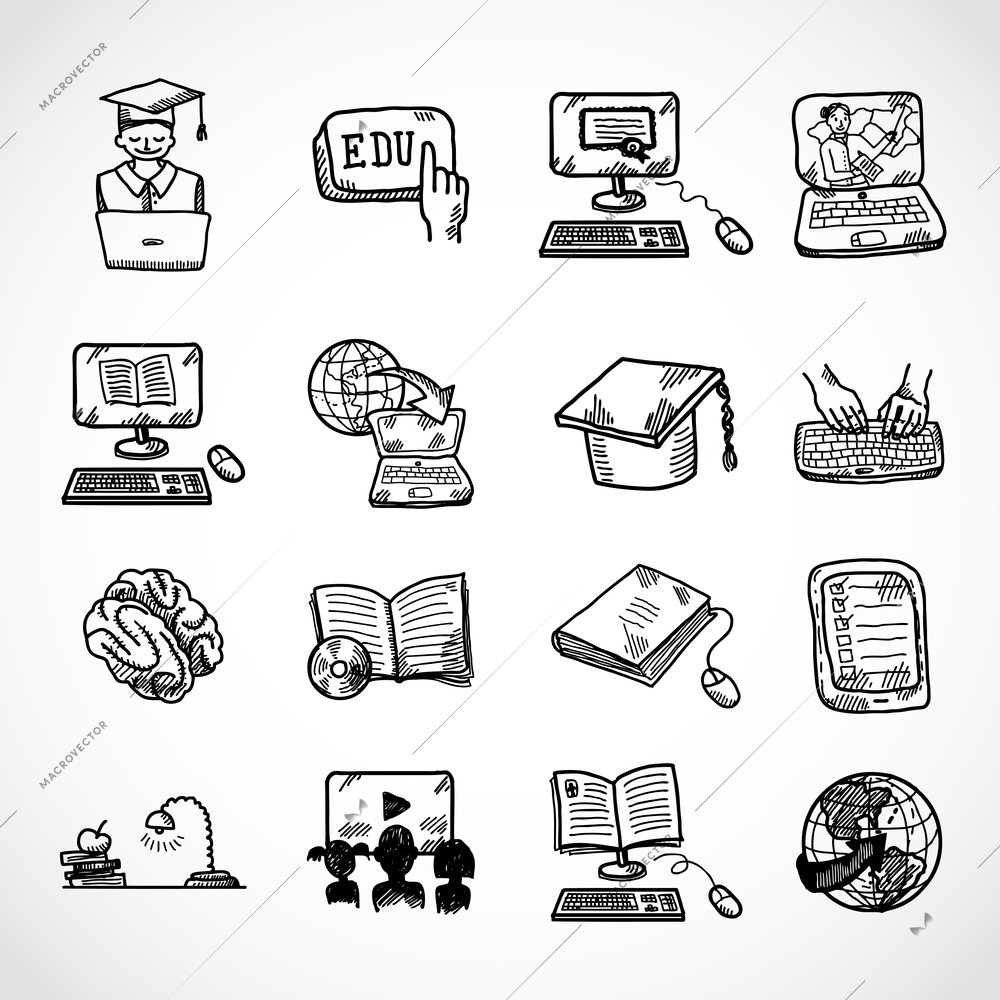 Online education learning knowledge and experience icons sketch set isolated vector illustration