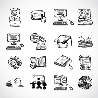 Online education learning knowledge and experience icons sketch set isolated vector illustration