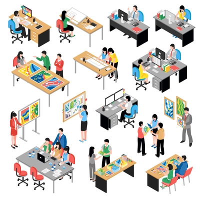 Development company office isometric icons collection with teamwork planning modernization designing at desktop computers isolated vector illustration