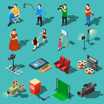 Isometric movie shooting icons collection with human characters of actors and film crew shooting and lighting equipment vector illustration