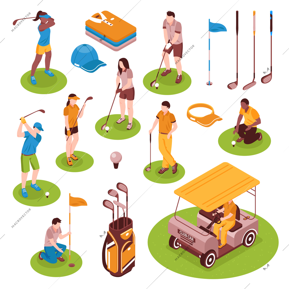 Golf isometric icons set with equipment symbols isolated vector illustration