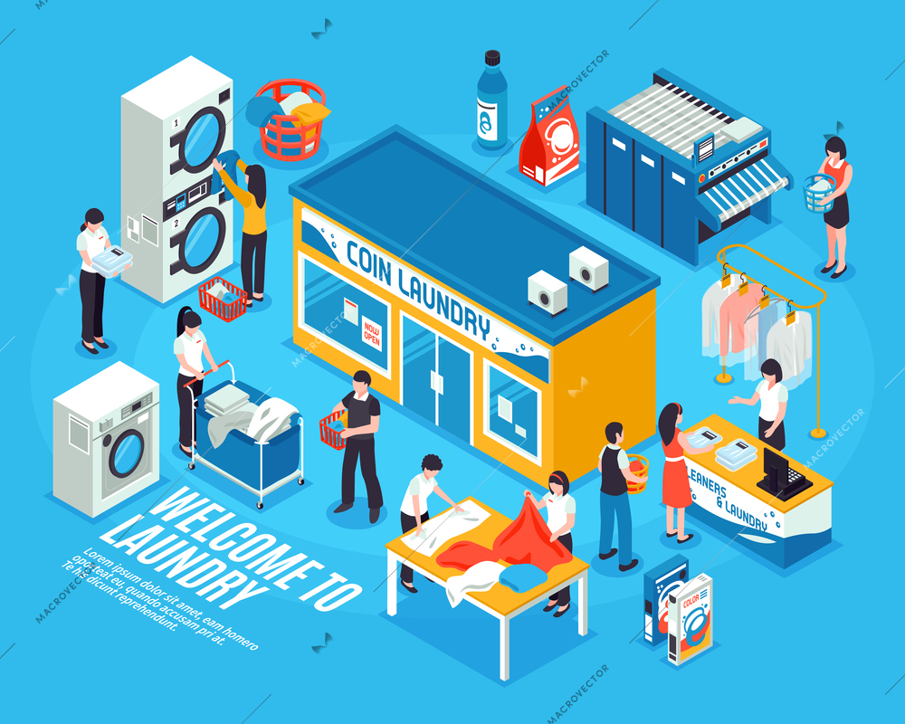 Laundry interior isometric composition with washing machines and clothes vector illustration