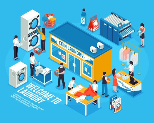 Laundry interior isometric composition with washing machines and clothes vector illustration