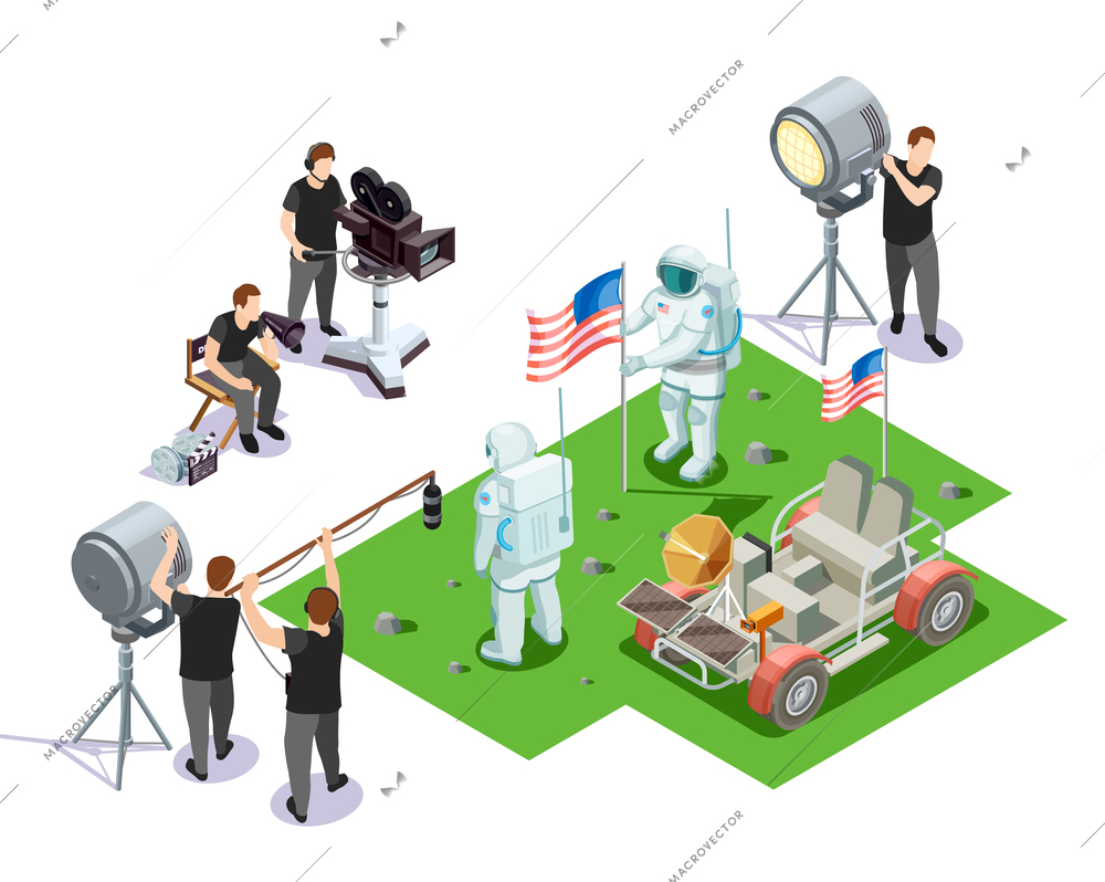 Isometric composition with movie operators shooting scene with american astronauts on white background 3d vector illustration