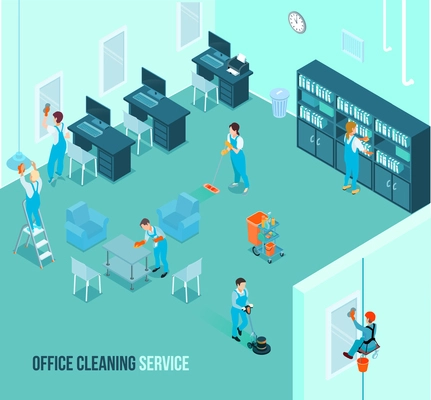 Professional office cleaning team at work wiping mirrors dusting tables vacuuming floor carpets isometric advertisement vector illustration