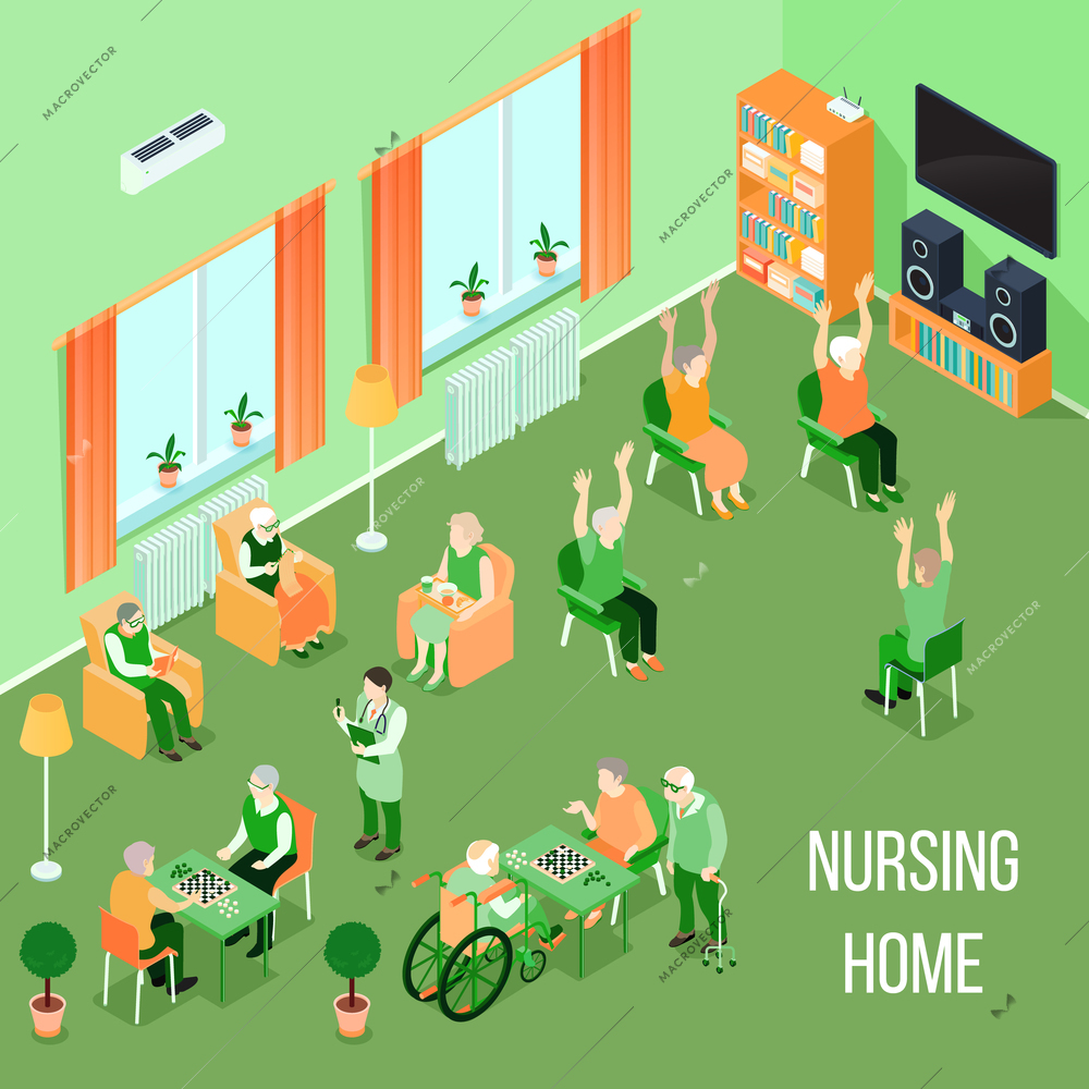 Nursing home residents room interior isometric view with residents playing chess reading and physical activities vector illustration