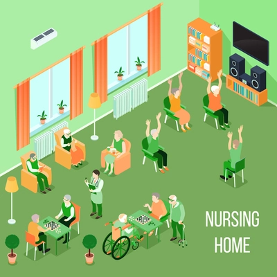 Nursing home residents room interior isometric view with residents playing chess reading and physical activities vector illustration