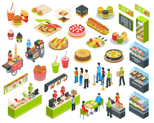 Shopping center indoor plaza fast food court with  vendors and self-serve dinner menu isometric set vector illustration