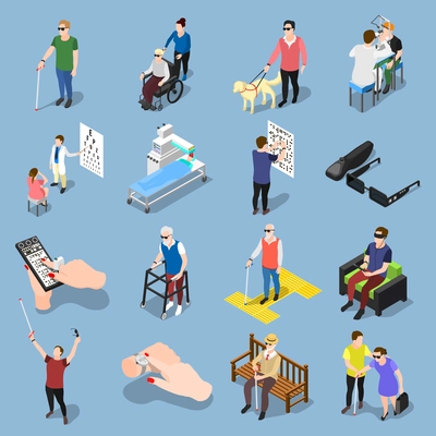 Isometric blind people icons collection of isolated realistic images of sightless human characters in different situations vector illustration