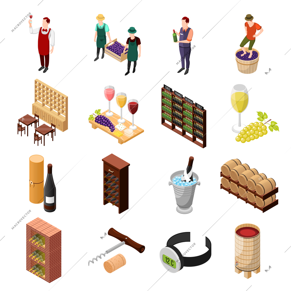Isometric wine production icons collection with tierce of wine chiller cabinets and working people isolated images vector illustration