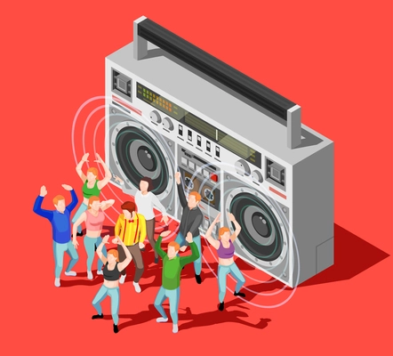 Isometric concept with happy dancing people at disco and big tape recorder on red background 3d vector illustration