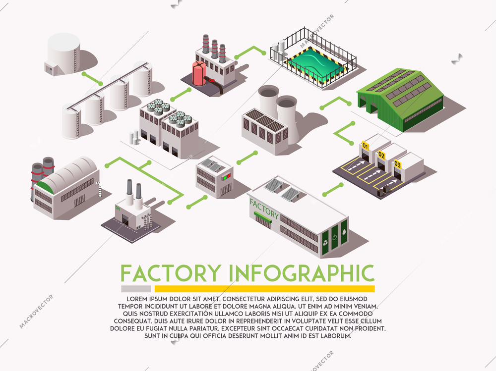 Factory isometric infograpphica with industrial buildings and text field 3d vector illustration