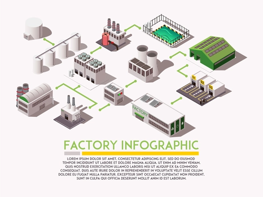 Factory isometric infograpphica with industrial buildings and text field 3d vector illustration