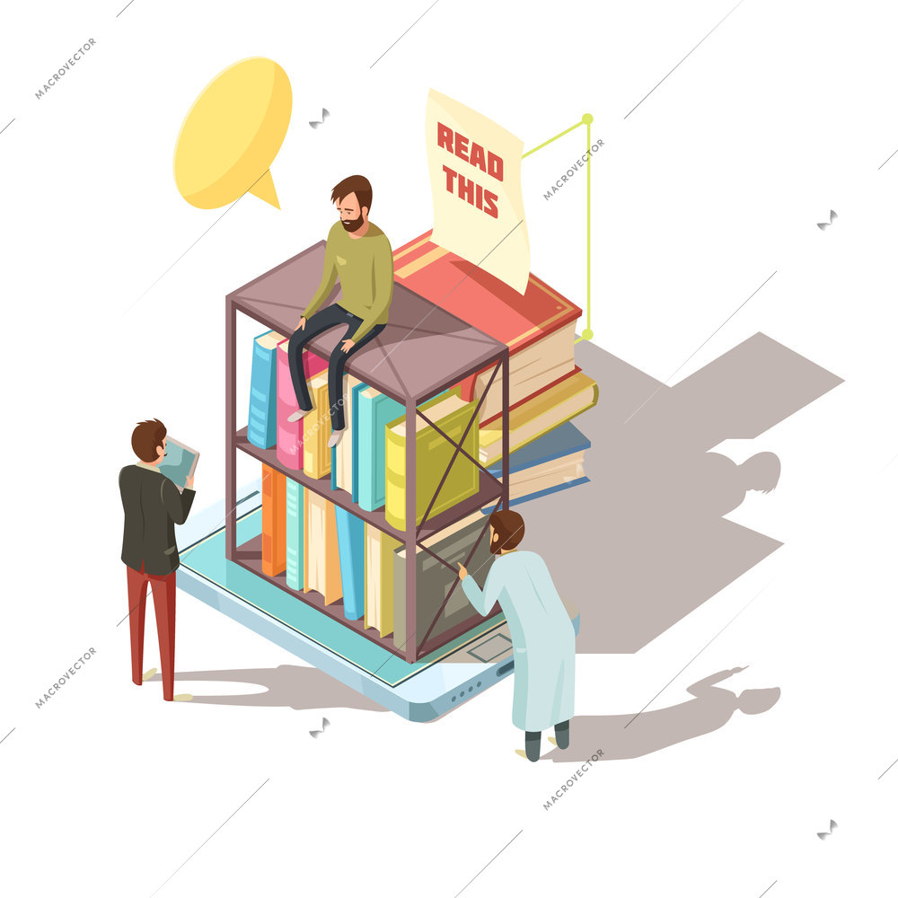 E-learning isometric composition with students near shelves with books on mobile device screen 3d vector illustration