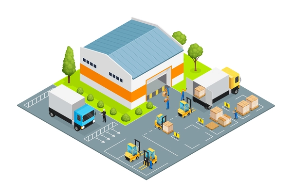 Warehouse outside view with parking places for trucks and loaders, workers and cargo, lawn isometric vector illustration